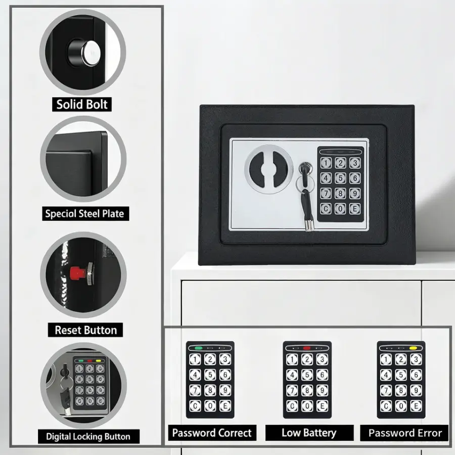 Electronic Digital Security Safe Box Small Steel Home Safe for Hotel Office Cash Jewelry Storage with Keypad & Override Keys — image 3