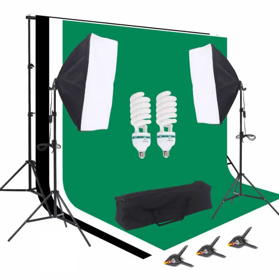 Photography Lighting Kit Set 50*70cm Soft Box with Tripod and Bulb 2*3m Background Stand System with Black White Green B — view 1