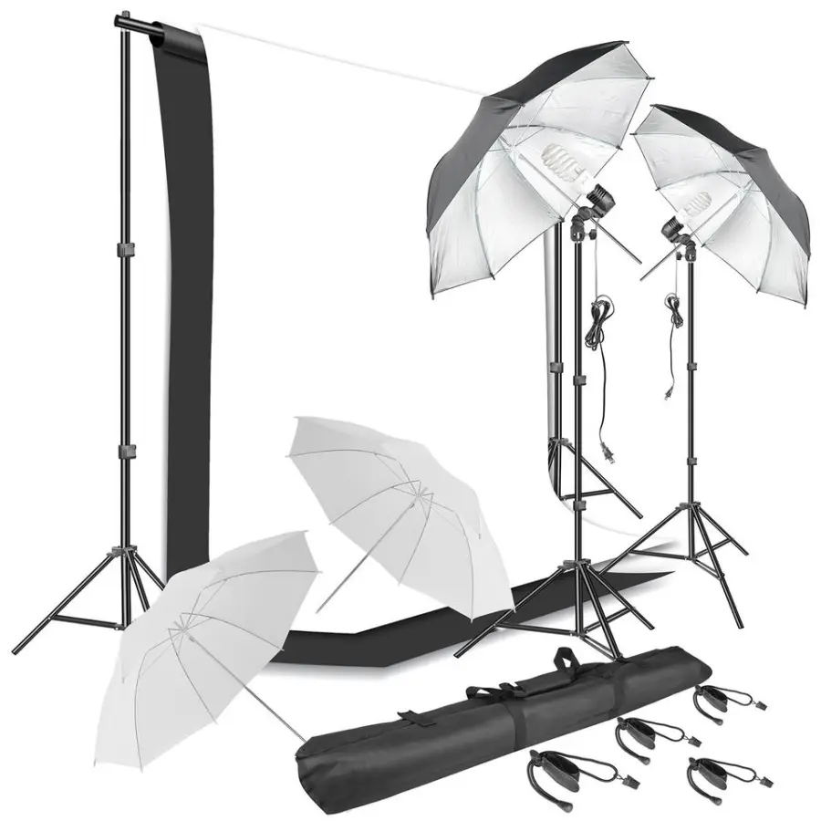 Photog Studio Lighting Set White Gold Siver Umbrella and 6.6*10 Ft Background Stand System With Black White Green Backdr — view 1