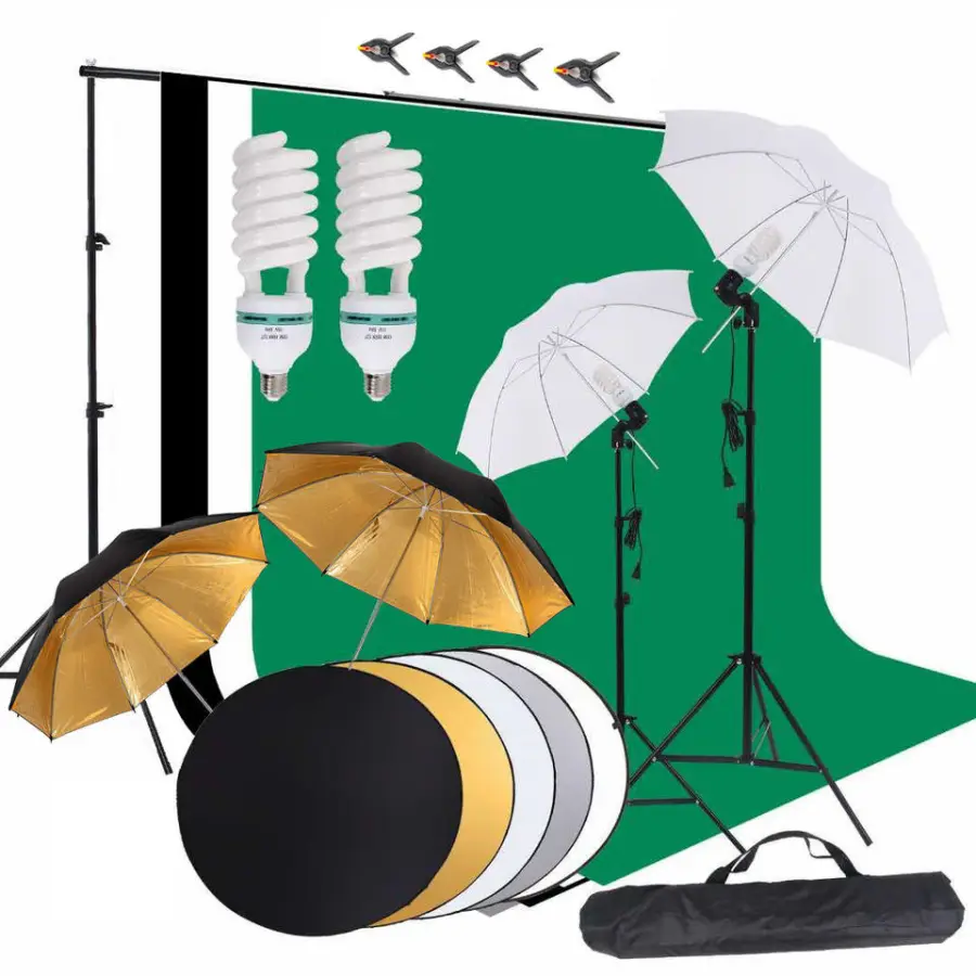 Photo Studio Lighting Set Green Black White Background White Gold Umbrella and Reflcetor Photography Accessories — view 1