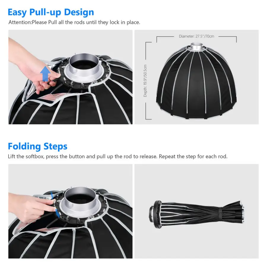 Professional Quick Set-up 70 90 120cm Deep Parabolic Softbox with Grid and Bowens Mount and Carry Bag — image 7
