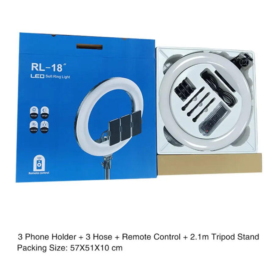 18 Inch 45cm Led Ring Lamp Rl18 M45 Ringlight with 210cm Tripod Stand Beauty Selfie Video Studio Led Ring Light Set — image 2