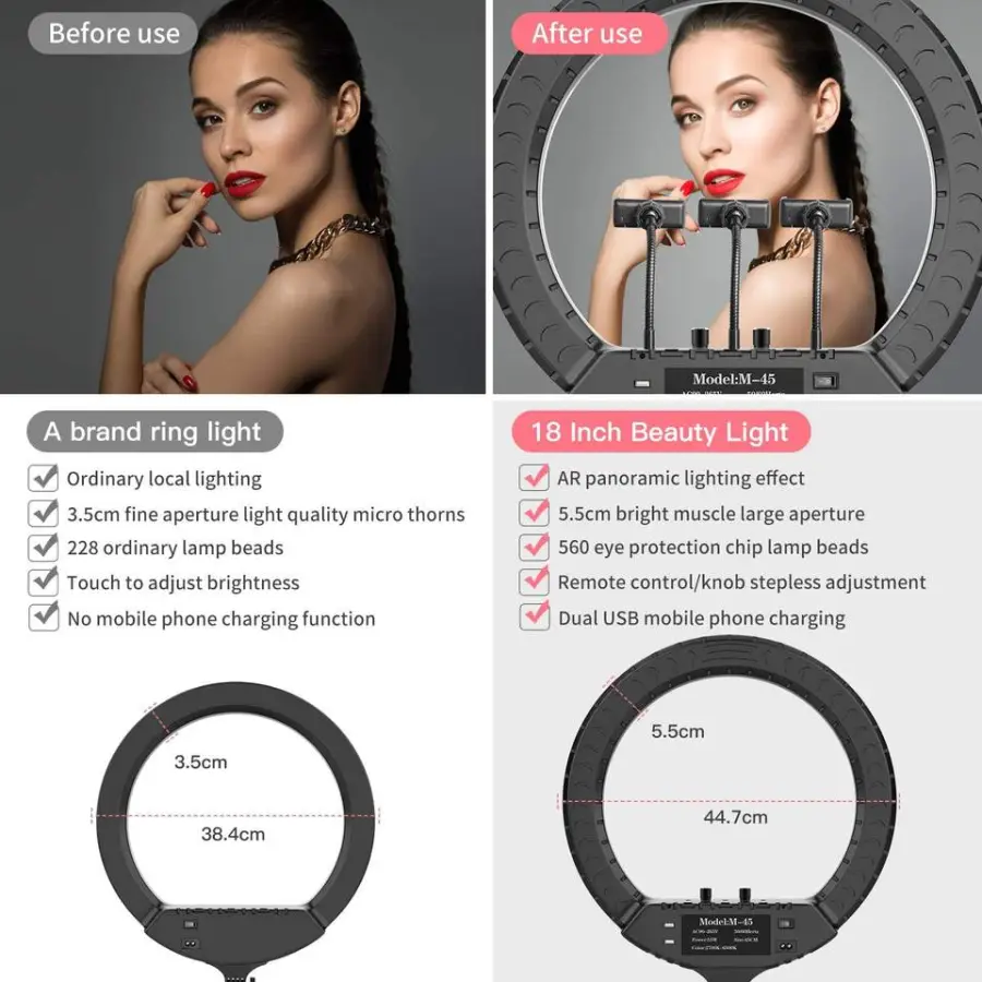 18 Inch 45cm Led Ring Lamp Rl18 M45 Ringlight with 210cm Tripod Stand Beauty Selfie Video Studio Led Ring Light Set — image 5