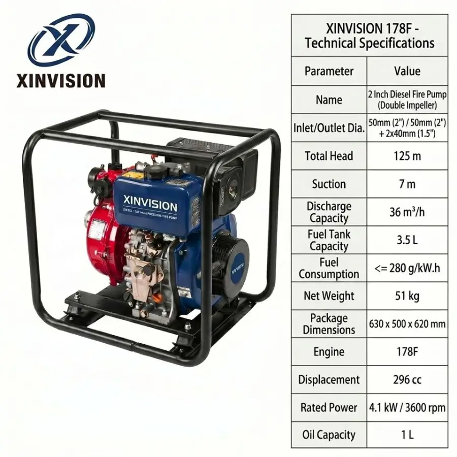 6HP 2 Inch High Pressure Diesel Fire Pump 178F Engine 296cc 125m Head Double Impeller Self-Priming Diesel Pump for Agriculture — image 7