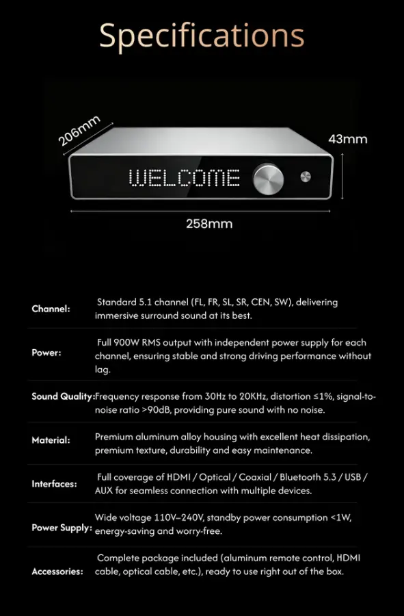 2026 Factory New High-Power 900W Professional 5.1CH HIFI Audio Power Amplifier Plastic Aluminum Alloy Construction DPS — image 2