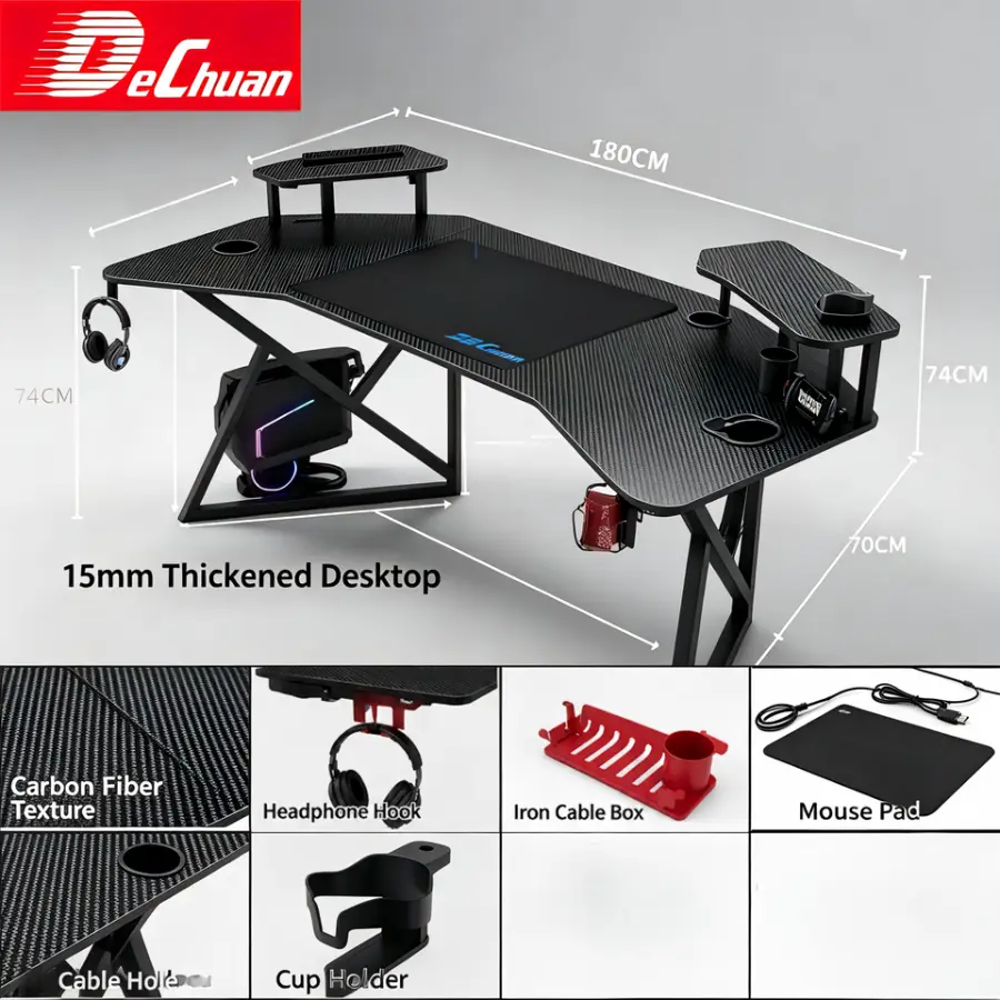 Premium 15mm Carbon Fiber L-Shaped Adjustable Gaming Desk with Iron Cable Box Cup Holder Mouse Pad — view 3