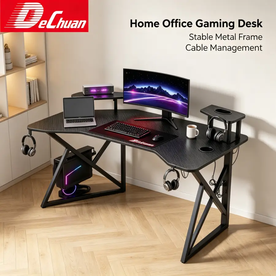 Premium 15mm Carbon Fiber L-Shaped Adjustable Gaming Desk with Iron Cable Box Cup Holder Mouse Pad — view 6