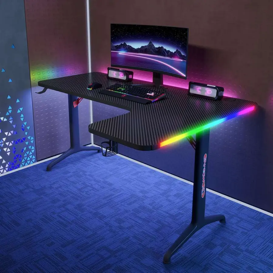USB Powered RGB L Shaped Computer Desk Gaming Table with Cup Holder — view 1