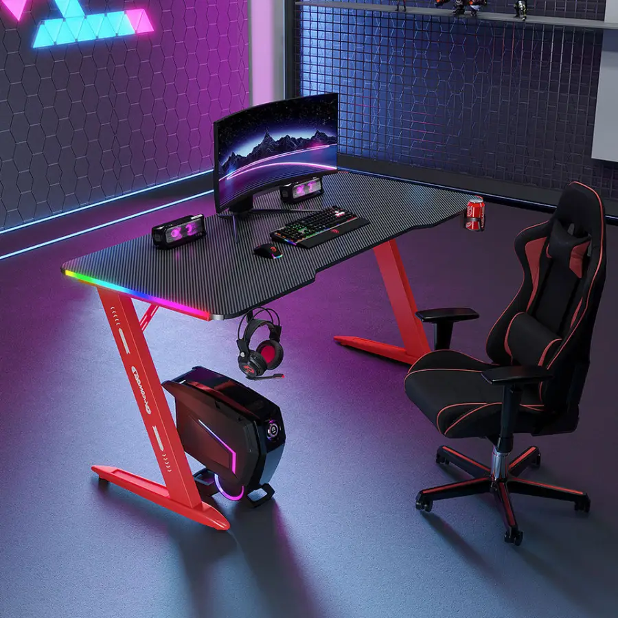 Heavy-Duty Metal Frame Gaming Desk Modern Style Standing Desk with Adjustable Storage Shelves & Mouse Pad Surface Comput — view 1