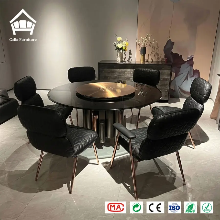 Artistic Modern Luxury Dining Table Set Glass Top with Lazy Susan Gold Metal Base 6 Upholstered Chairs Home Turnkey Solu — view 1