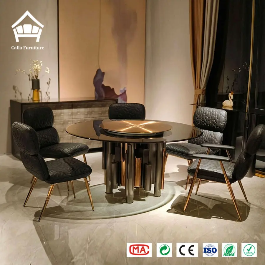 Artistic Modern Luxury Dining Table Set Glass Top with Lazy Susan Gold Metal Base 6 Upholstered Chairs Home Turnkey Solu — view 2