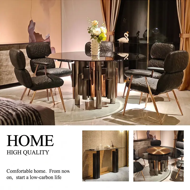 Artistic Modern Luxury Dining Table Set Glass Top with Lazy Susan Gold Metal Base 6 Upholstered Chairs Home Turnkey Solu — view 4