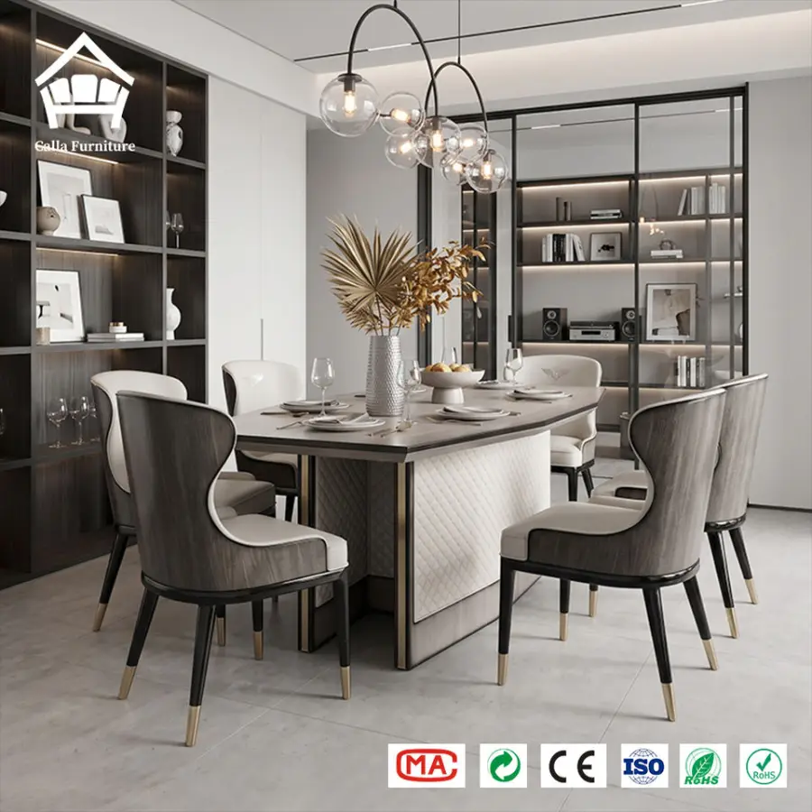 Elegant Diamond Quilted Leather Dining Chair with Pedestal Base Dining Table for Restaurant High-Class Residential Proje — view 2