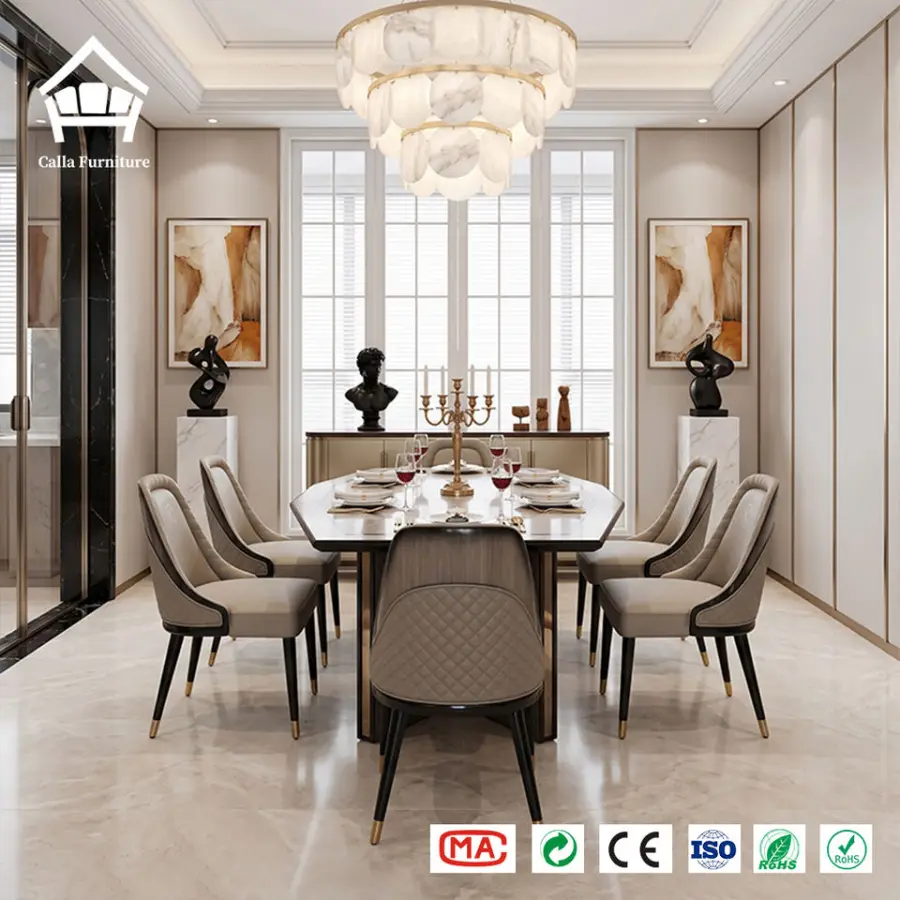 Elegant Diamond Quilted Leather Dining Chair with Pedestal Base Dining Table for Restaurant High-Class Residential Proje — view 3