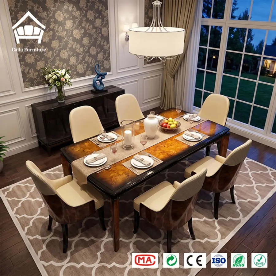 Bespoke One-stop Luxury Furniture Solution Elegant Burl Veneer Dining Table and Padded Leather Chair Set for Villa Penth — view 1