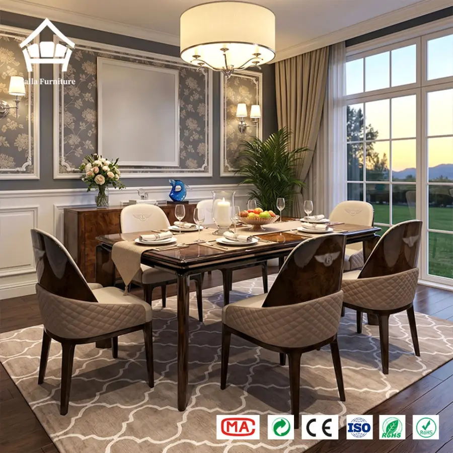 Bespoke One-stop Luxury Furniture Solution Elegant Burl Veneer Dining Table and Padded Leather Chair Set for Villa Penthouse — image 3