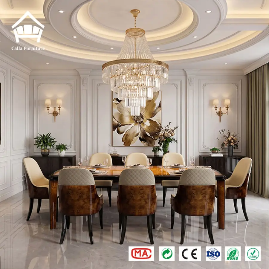 Bespoke One-stop Luxury Furniture Solution Elegant Burl Veneer Dining Table and Padded Leather Chair Set for Villa Penthouse — image 4