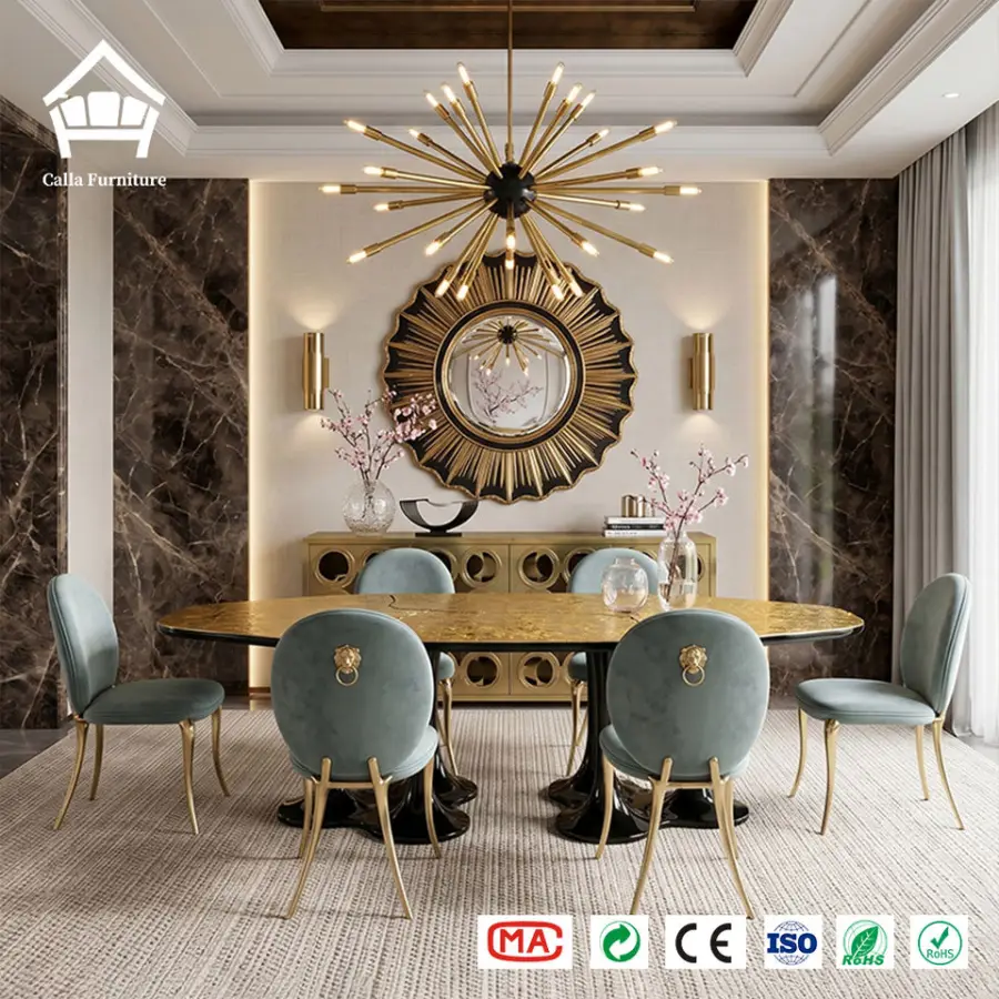 Luxury Hotel Project Dining Set Gold Brass Finish Large Round Dining Table with 6 8 10 Velvet Chairs Restaurants Furnitu — view 1
