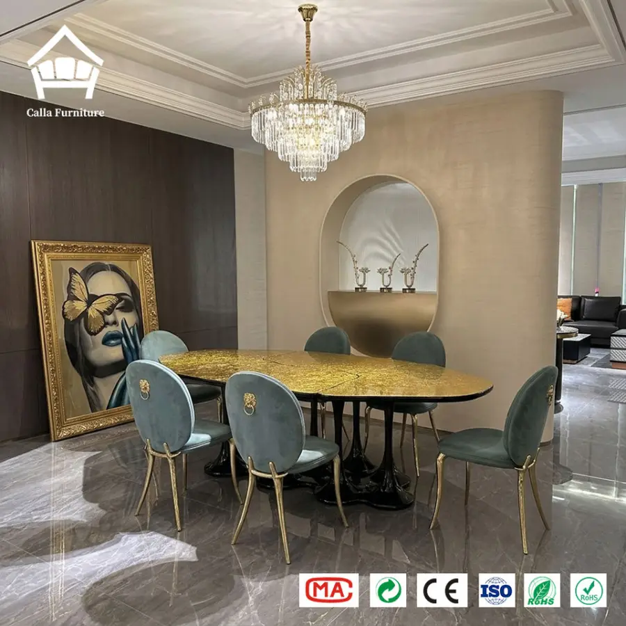 Luxury Hotel Project Dining Set Gold Brass Finish Large Round Dining Table with 6 8 10 Velvet Chairs Restaurants Furniture — image 4