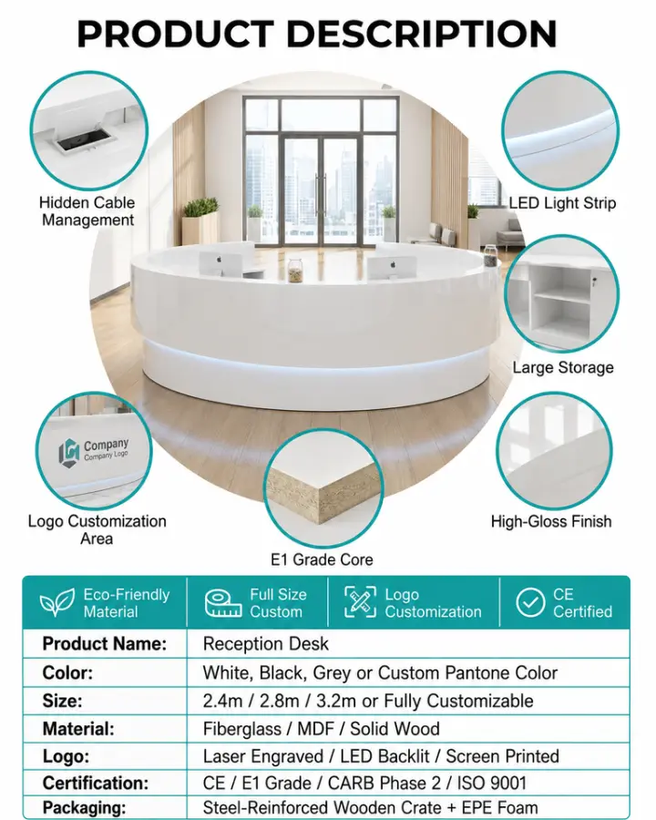 Light Lacquer Reception Counter Glossy Waterproof Durable Commercial Furniture Simple Modern Design for Mall Hotel Train — view 3