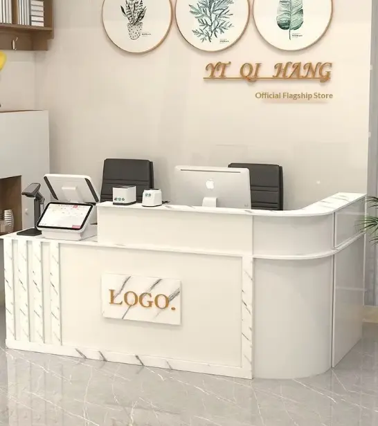 Modern L-Shaped Commercial Reception Desk for Hotel School Hospital Office-HDF Material with Drawers & Lock — view 1