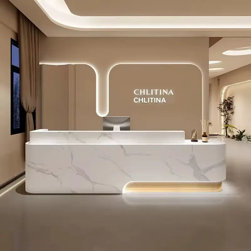 Modern Eco-Friendly Durable L-Shape Wooden Lacquered Reception Desk for Beauty Salons Medical Aesthetics Yoga Studios Hotels LED — image 3
