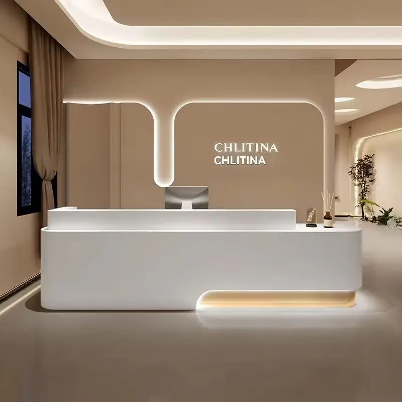 Modern Eco-Friendly Durable L-Shape Wooden Lacquered Reception Desk for Beauty Salons Medical Aesthetics Yoga Studios Hotels LED — image 4