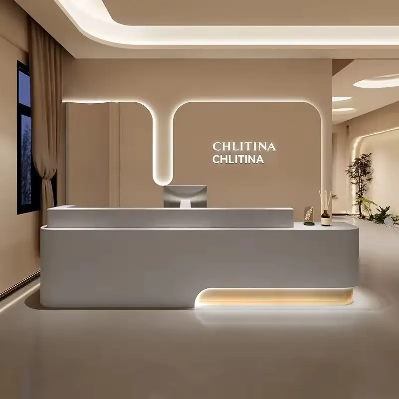 Modern Eco-Friendly Durable L-Shape Wooden Lacquered Reception Desk for Beauty Salons Medical Aesthetics Yoga Studios Hotels LED — image 5