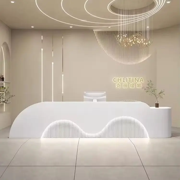 Luxury Cream Style Double Wave Curved Reception Desk with LED Light for Beauty Salon — image 3