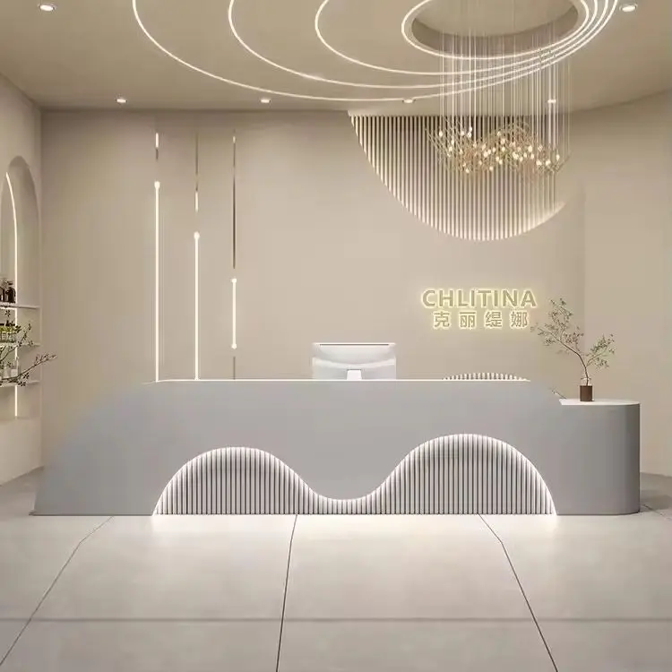 Luxury Cream Style Double Wave Curved Reception Desk with LED Light for Beauty Salon — image 4