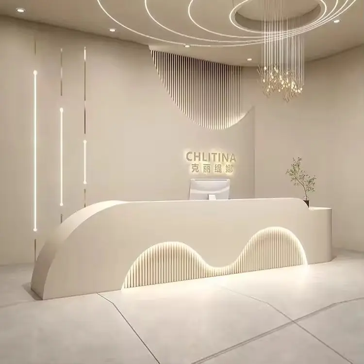 Luxury Cream Style Double Wave Curved Reception Desk with LED Light for Beauty Salon — image 5