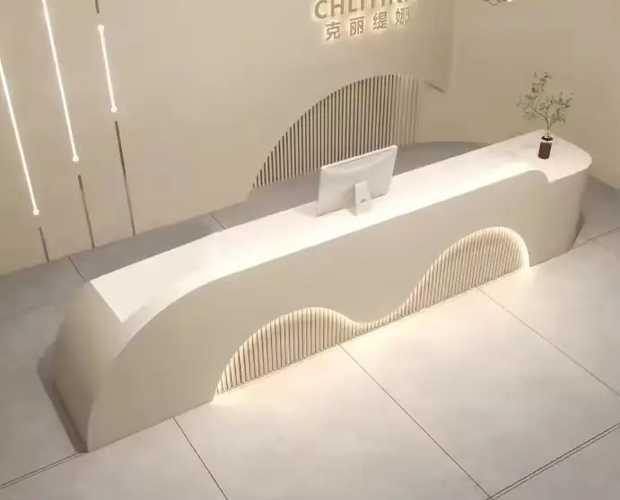 Luxury Cream Style Double Wave Curved Reception Desk with LED Light for Beauty Salon — image 6