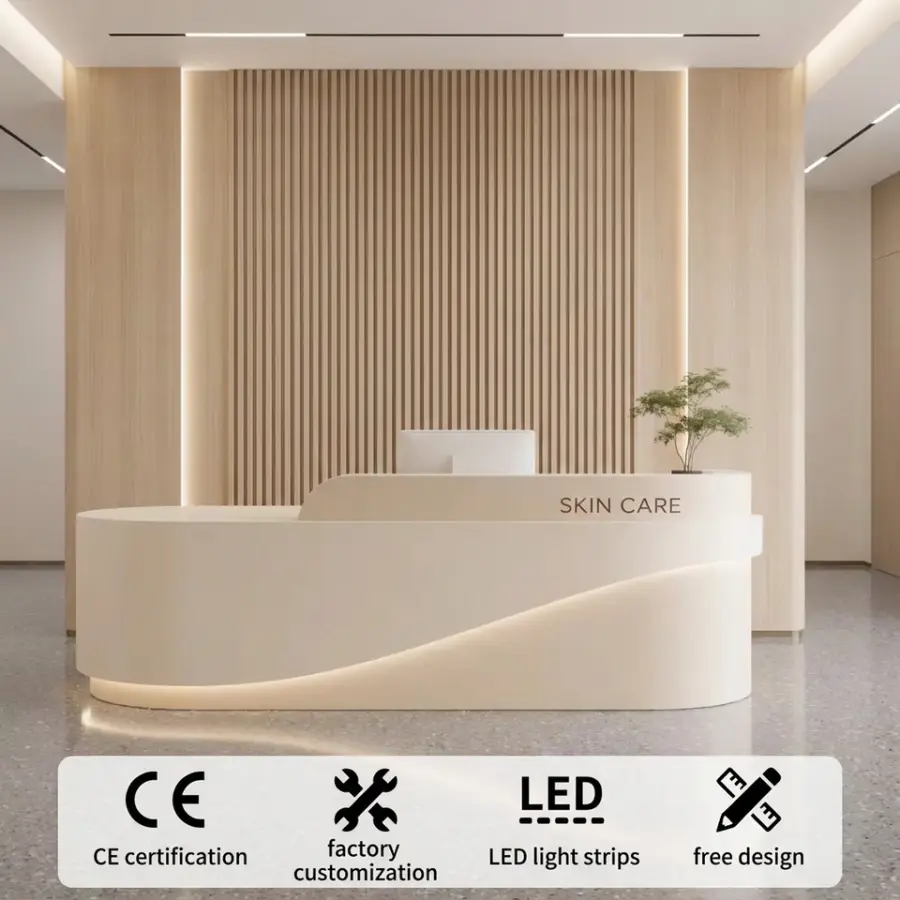 Curved LED Reception Desk with Wood Accent, Customizable Front Desk for Salon & Office — view 1
