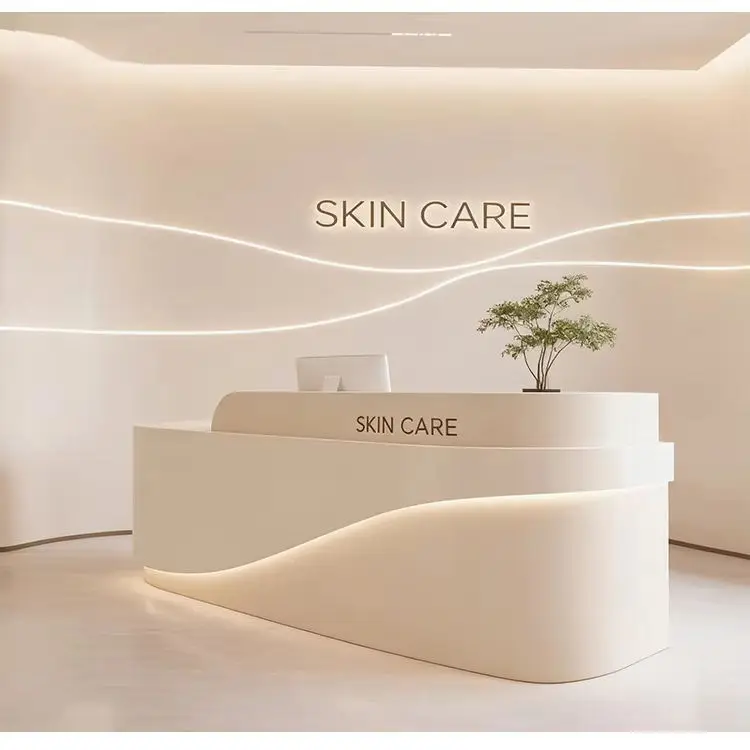 Curved LED Reception Desk with Wood Accent, Customizable Front Desk for Salon & Office — image 3