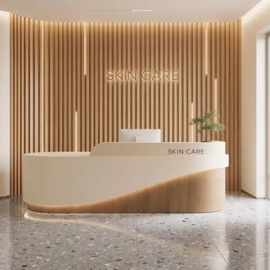 Curved LED Reception Desk with Wood Accent, Customizable Front Desk for Salon & Office — image 4