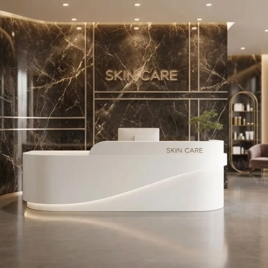 Curved LED Reception Desk with Wood Accent, Customizable Front Desk for Salon & Office — image 5