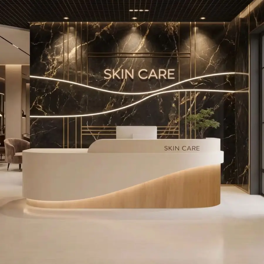 Curved LED Reception Desk with Wood Accent, Customizable Front Desk for Salon & Office — image 6