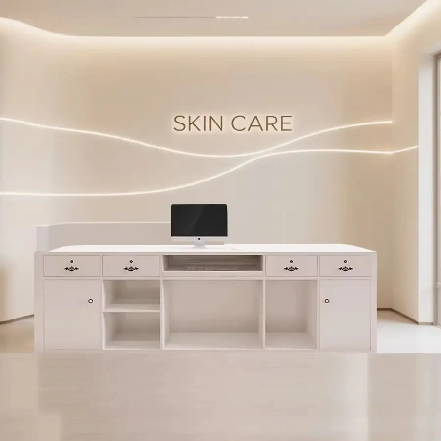 Curved LED Reception Desk with Wood Accent, Customizable Front Desk for Salon & Office — image 7