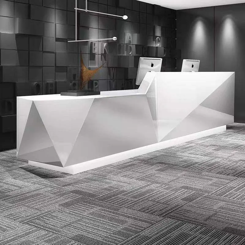 Custom Fashionable Modern Geometric Reception Desk with Faceted Design LED Light for Corporate Office Hotel — view 1