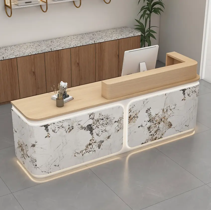 Custom Modern Marble Effect Reception Desk Wood Veneer Front Desk with LED Light for Office Salon Boutique — image 3