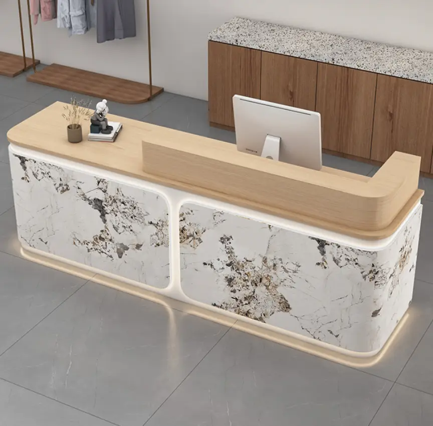 Custom Modern Marble Effect Reception Desk Wood Veneer Front Desk with LED Light for Office Salon Boutique — image 4