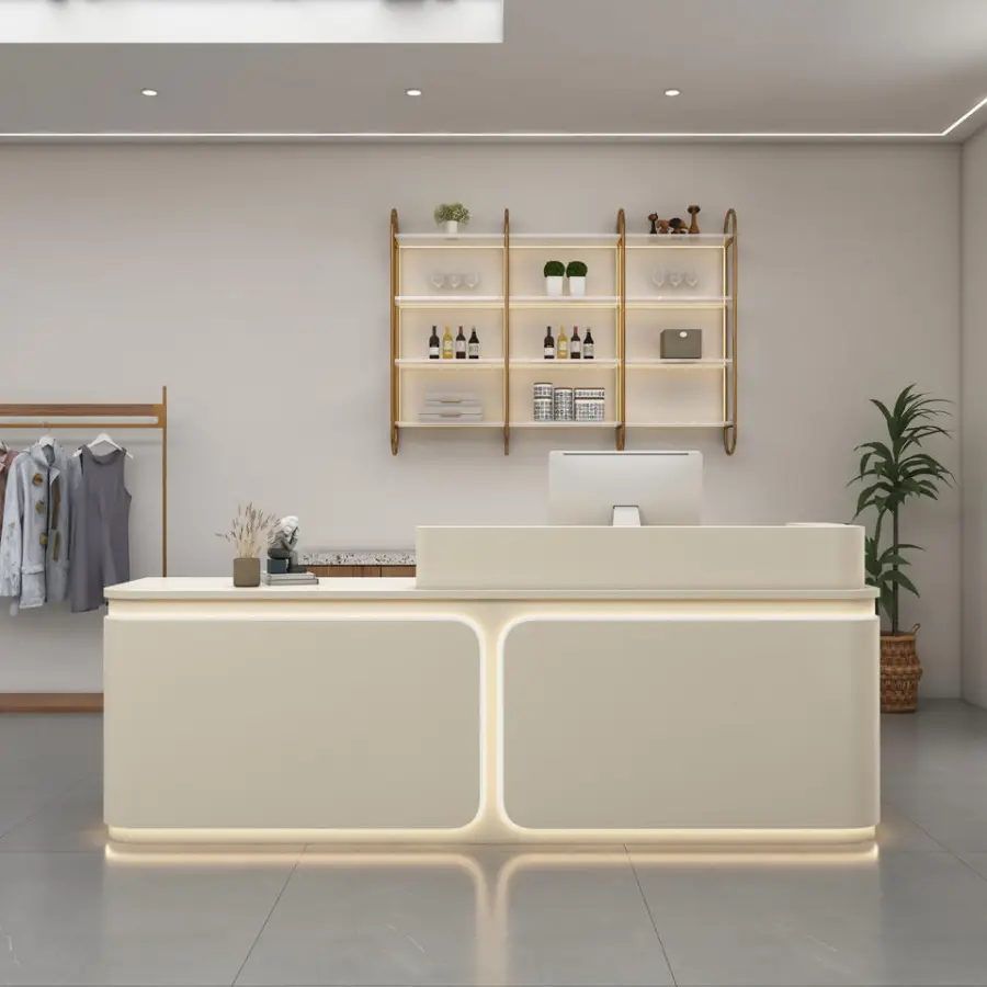 Custom Modern Marble Effect Reception Desk Wood Veneer Front Desk with LED Light for Office Salon Boutique — image 5