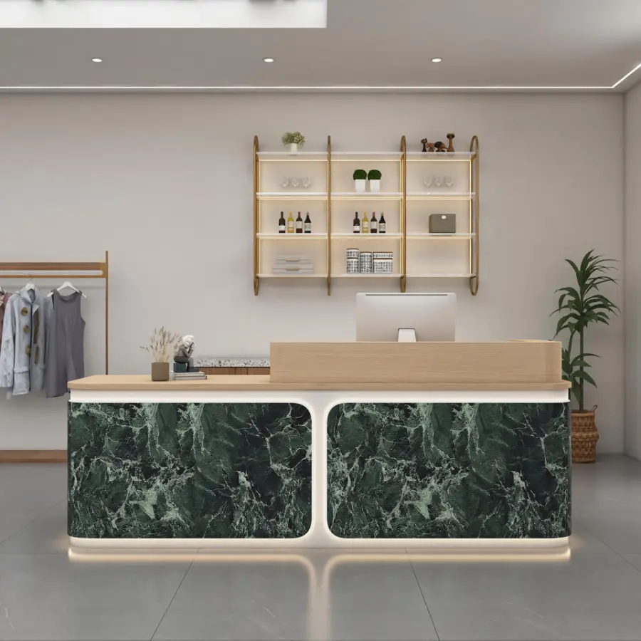 Custom Modern Marble Effect Reception Desk Wood Veneer Front Desk with LED Light for Office Salon Boutique — image 6