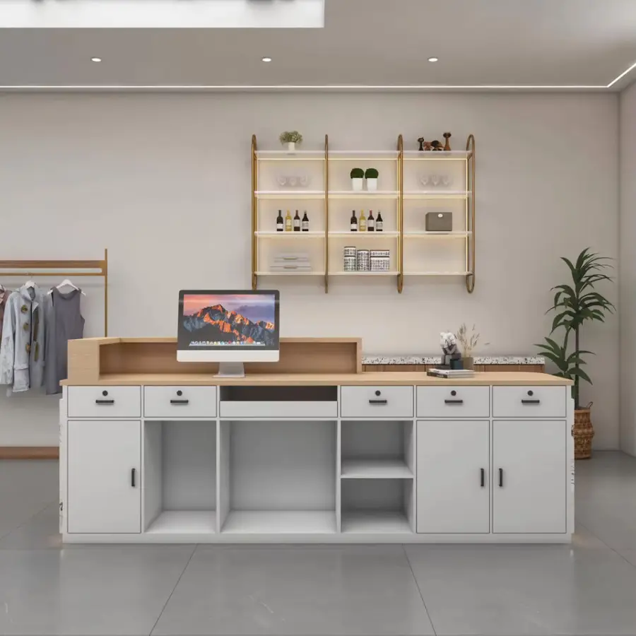 Custom Modern Marble Effect Reception Desk Wood Veneer Front Desk with LED Light for Office Salon Boutique — image 7