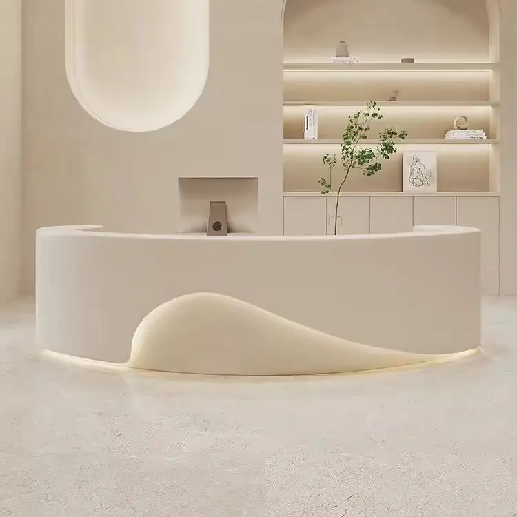 Modern Minimalist Reception Desk Cream Style Curved Front Desk with LED Light for Spa Salon Hotel — view 1