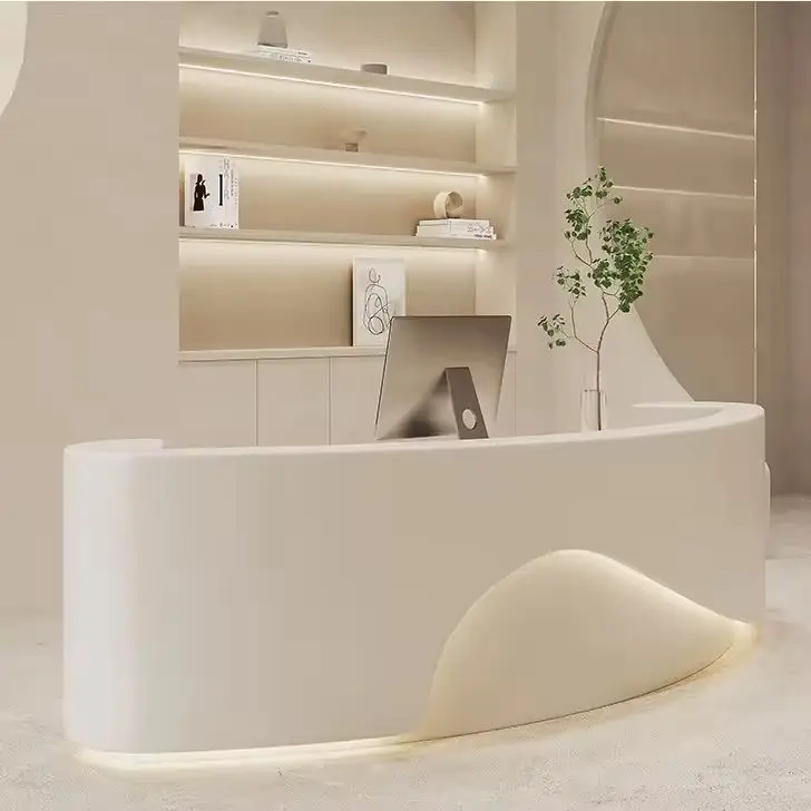 Modern Minimalist Reception Desk Cream Style Curved Front Desk with LED Light for Spa Salon Hotel — view 2