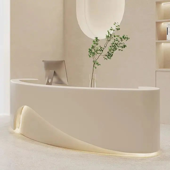 Modern Minimalist Reception Desk Cream Style Curved Front Desk with LED Light for Spa Salon Hotel — view 3
