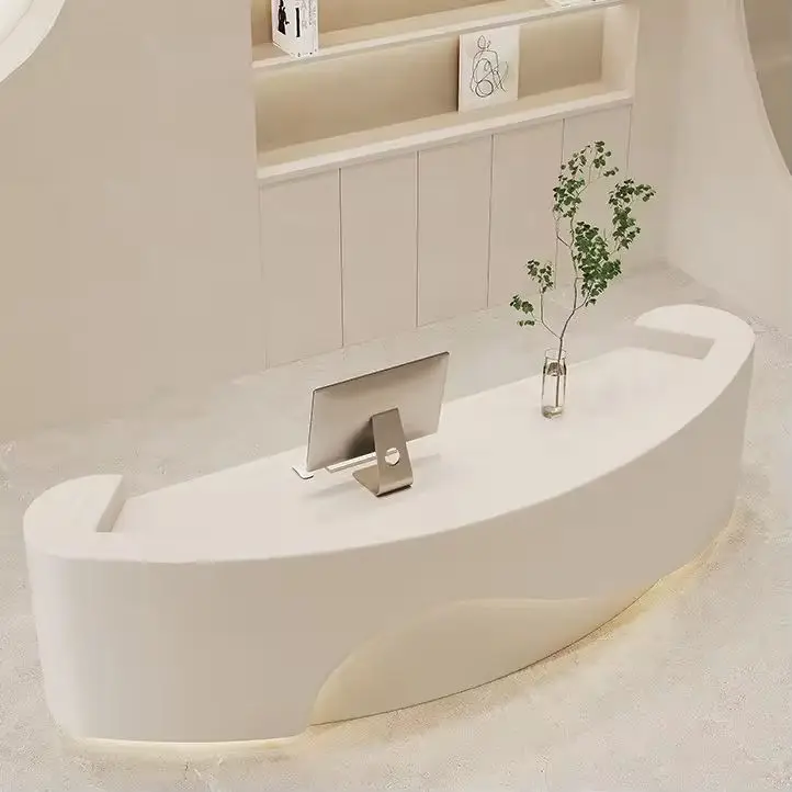 Modern Minimalist Reception Desk Cream Style Curved Front Desk with LED Light for Spa Salon Hotel — view 4