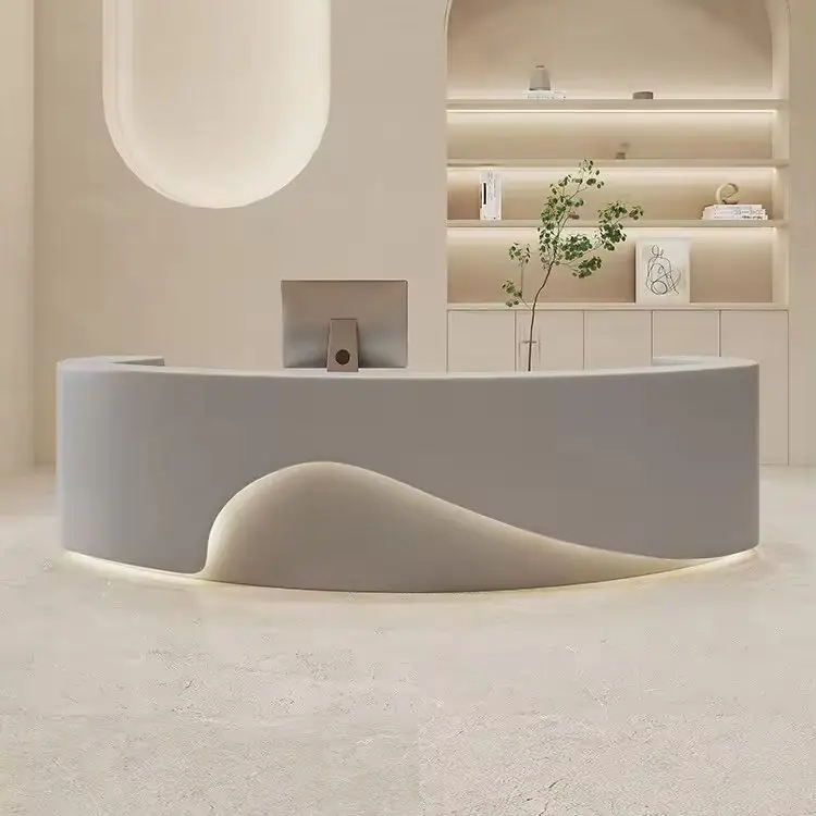 Modern Minimalist Reception Desk Cream Style Curved Front Desk with LED Light for Spa Salon Hotel — view 5