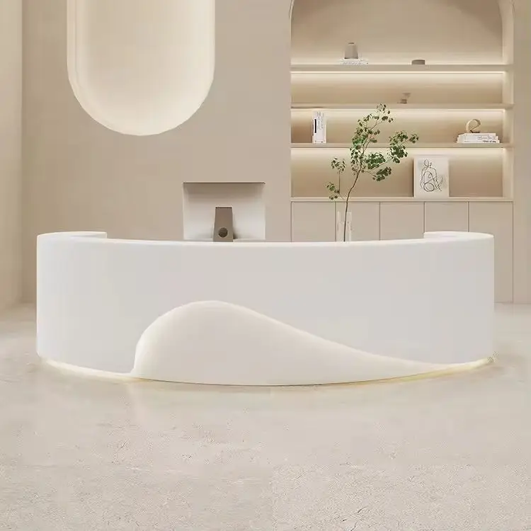Modern Minimalist Reception Desk Cream Style Curved Front Desk with LED Light for Spa Salon Hotel — view 6